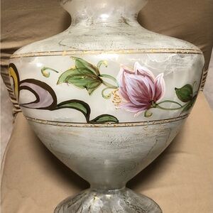 Italian Glass Globe Vase With Hand Painted Flowers 12.5” Tall